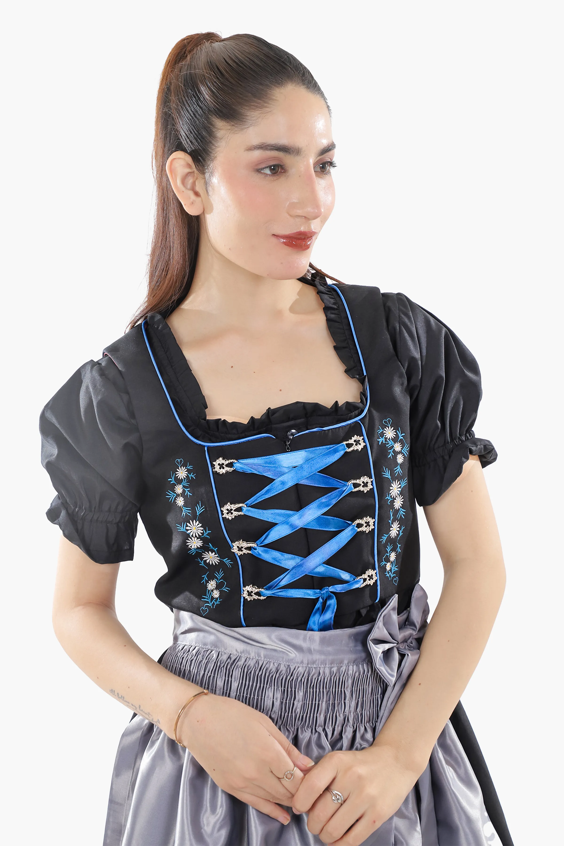 Black Dirndl Dress Blue Embroidery Charm - Image 3