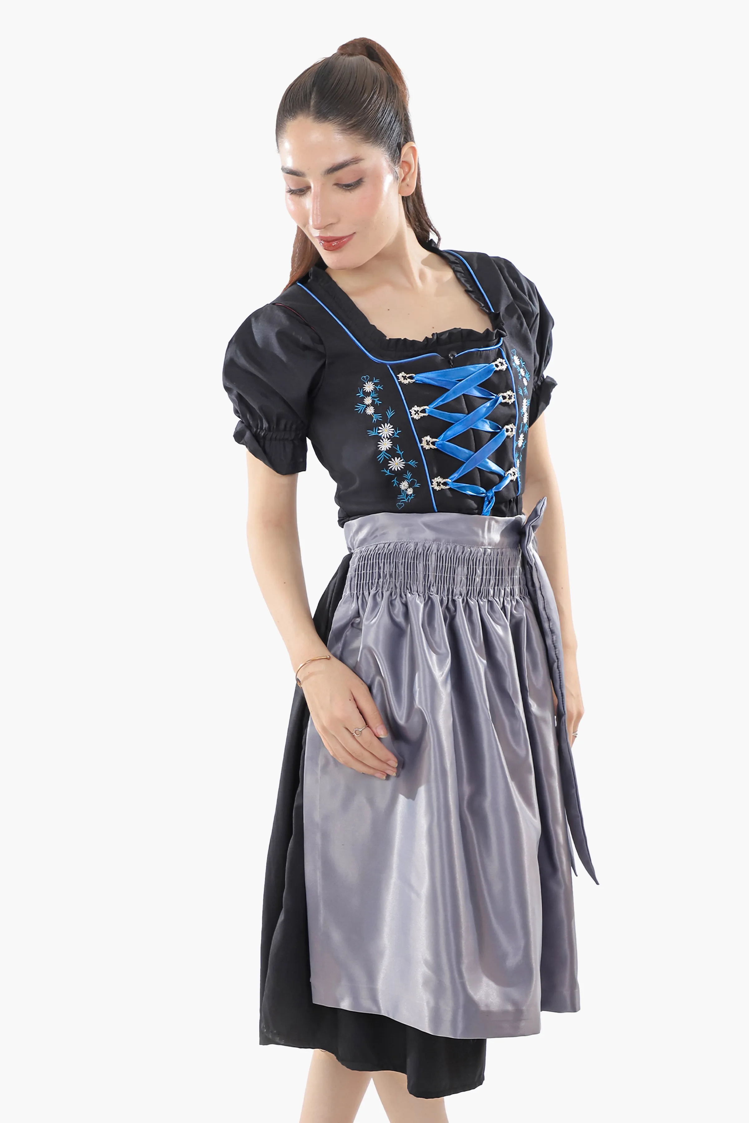 Black Dirndl Dress Blue Embroidery Charm - Image 5