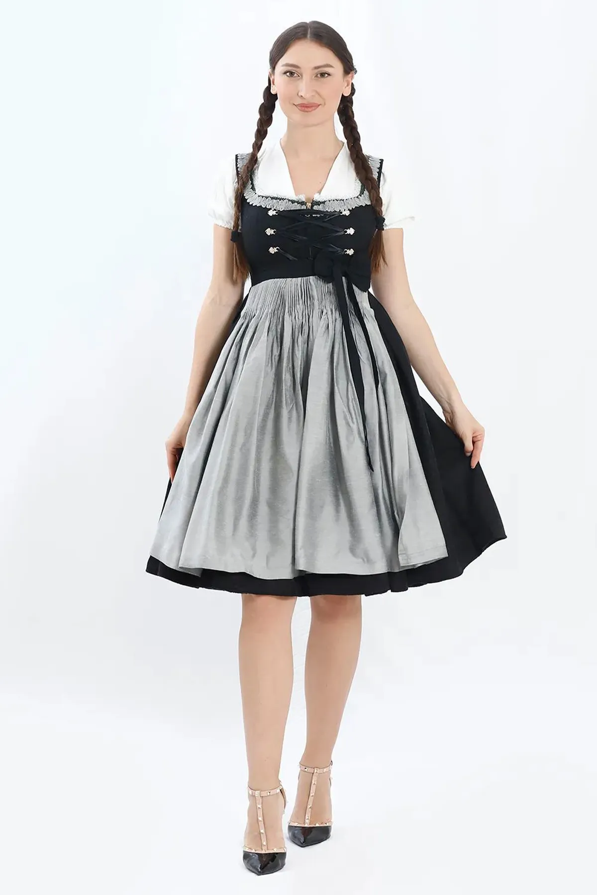 Luxury Black Silver Midi Dirndl Dress - Image 4