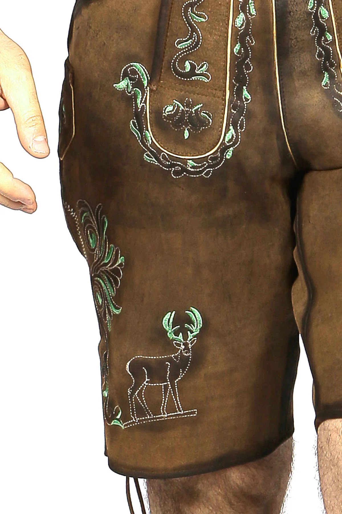 Mens Lederhosen Brown Green Deer Motifs - Image 5