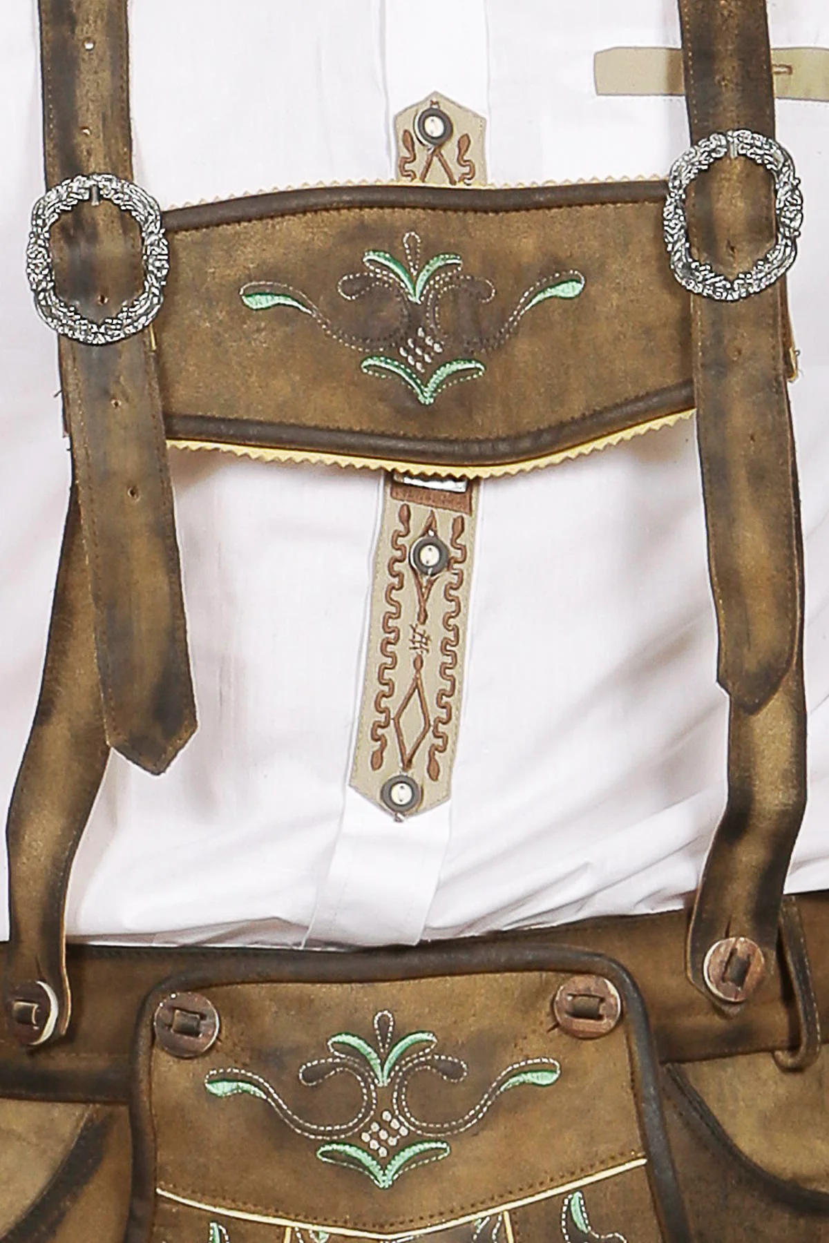 Mens Lederhosen Brown Green Deer Motifs - Image 6