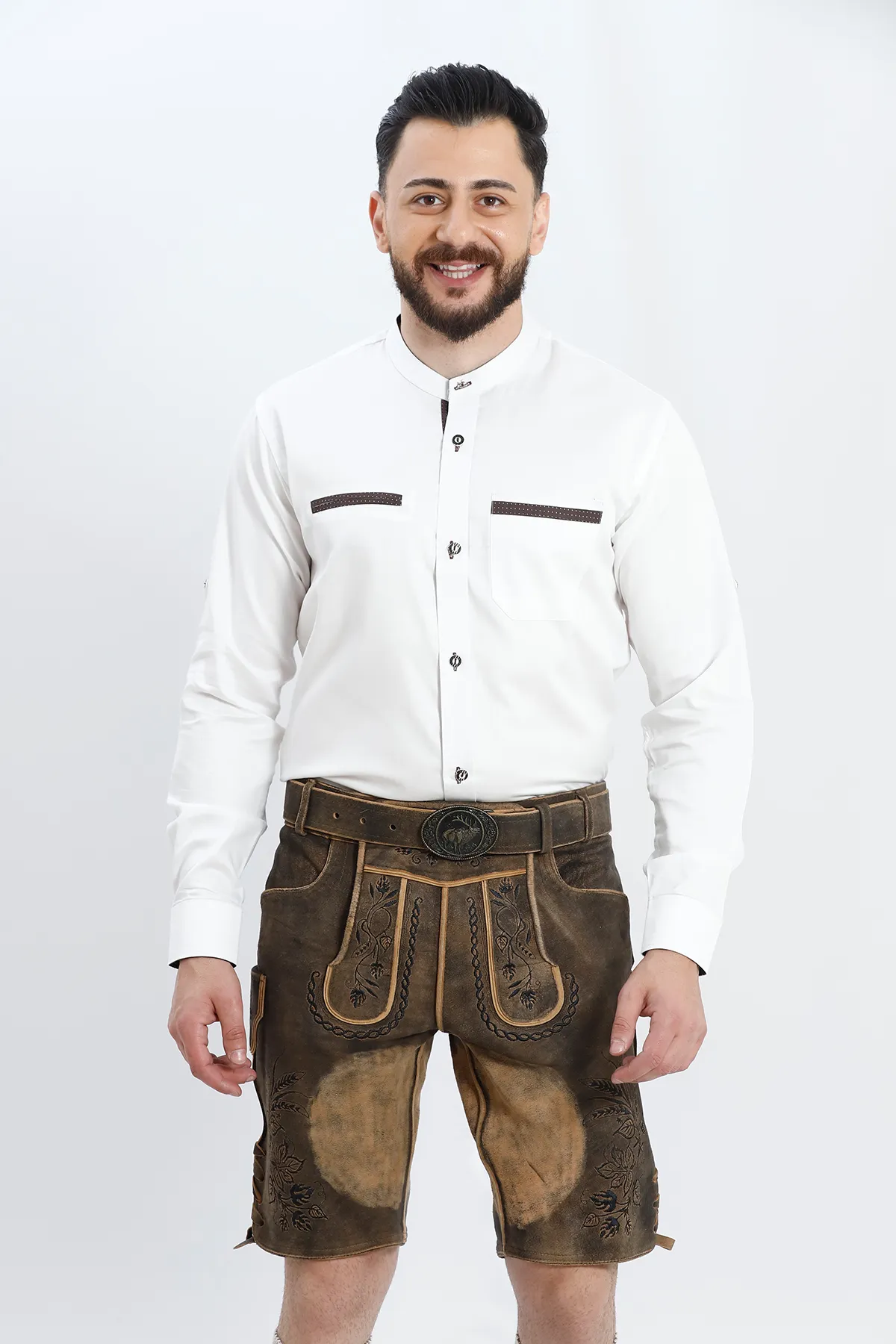 Mens White Bavarian Shirt With Brown Polka Accents - Image 3