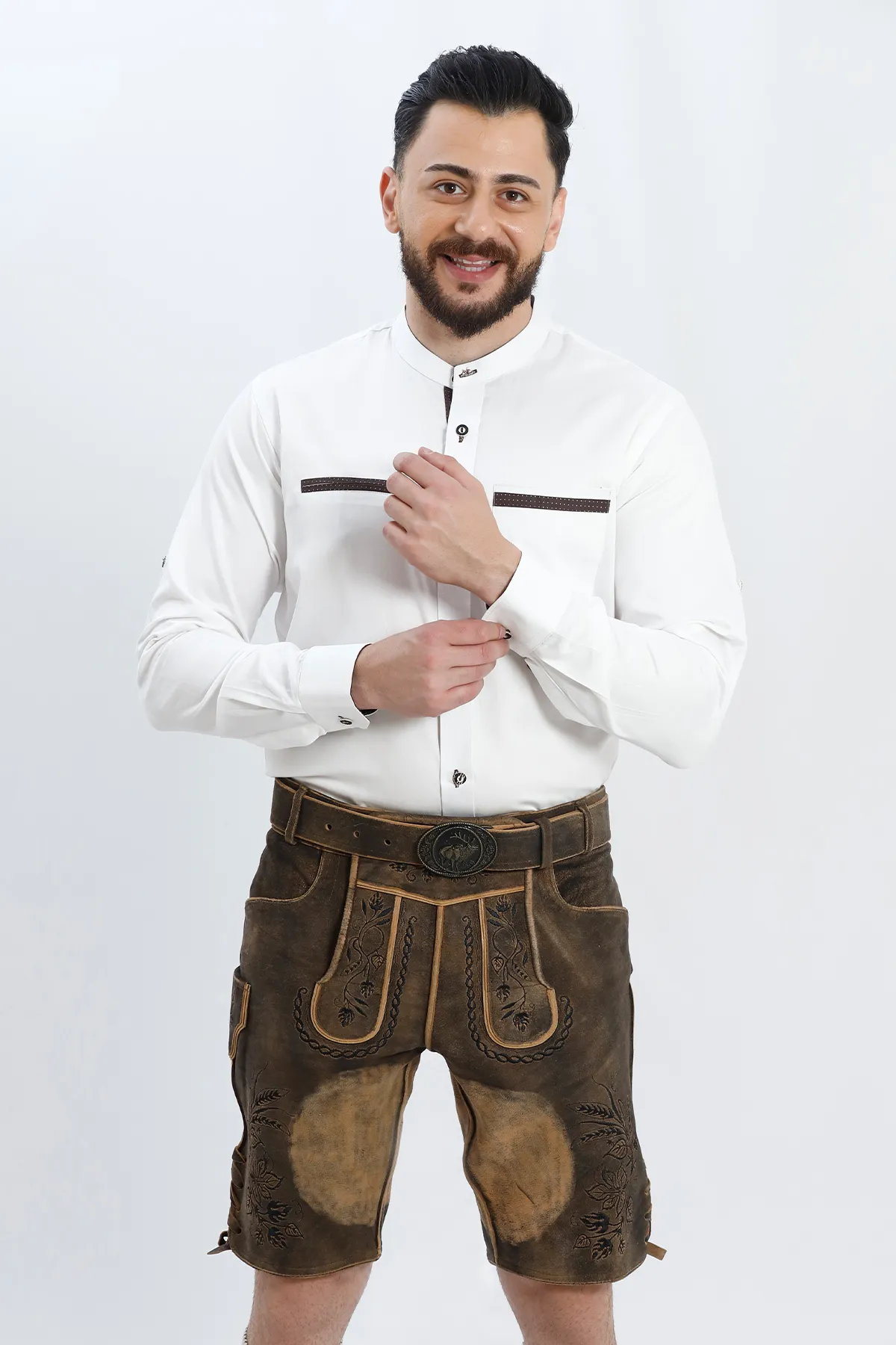 Mens White Bavarian Shirt With Brown Polka Accents - Image 4