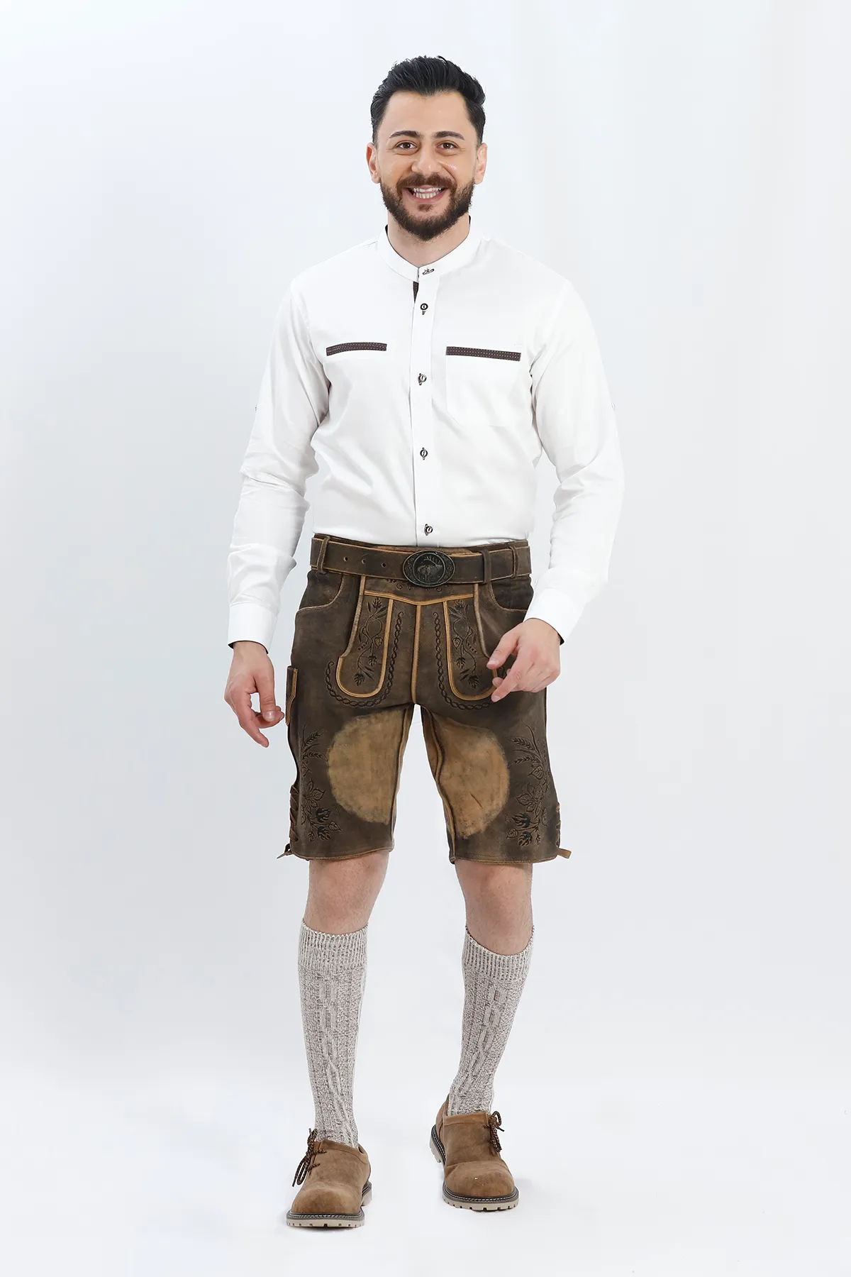 Mens White Bavarian Shirt With Brown Polka Accents - Image 5