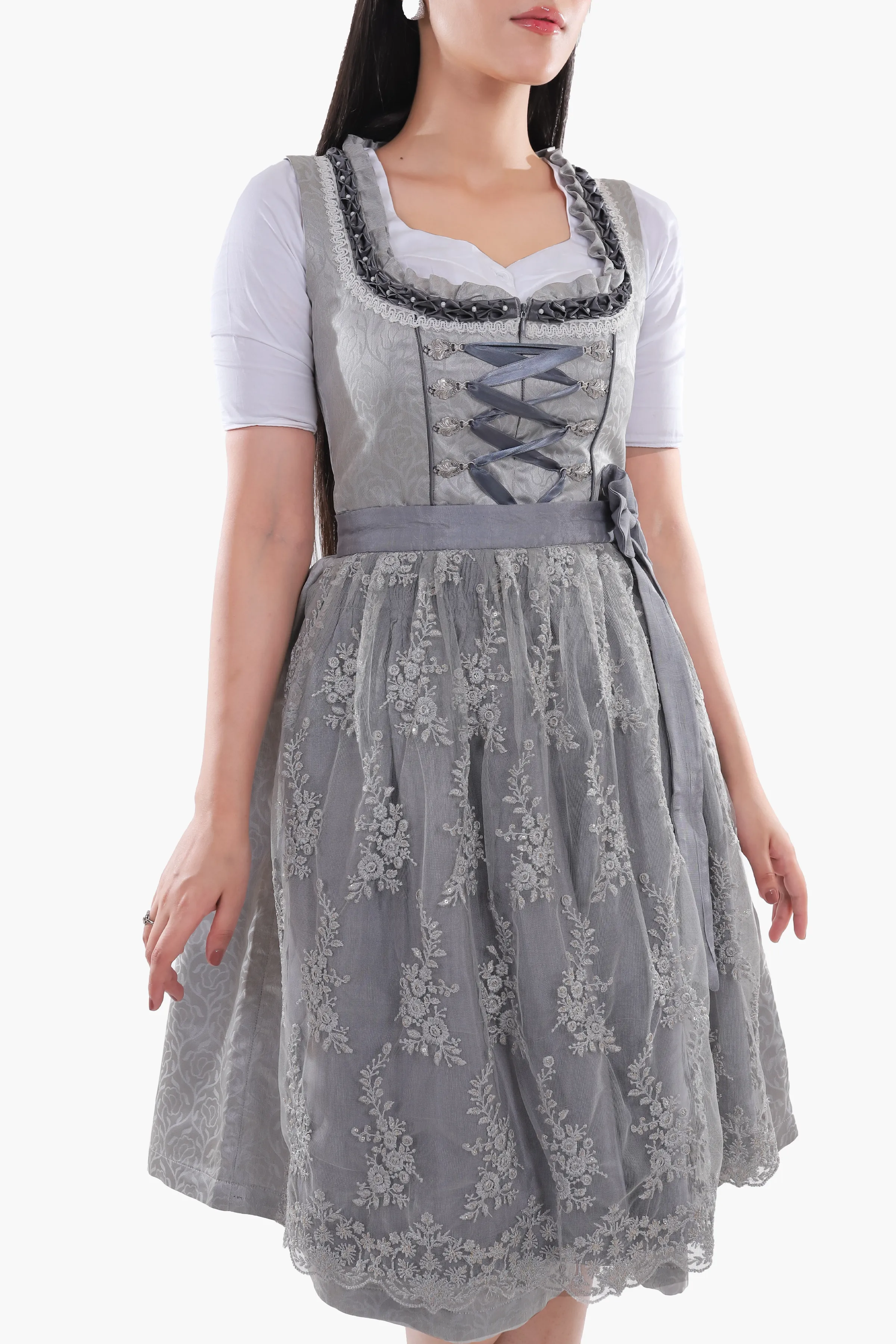 Midi Dirndl Dress Luxury Silver Grey Elegance - Image 4