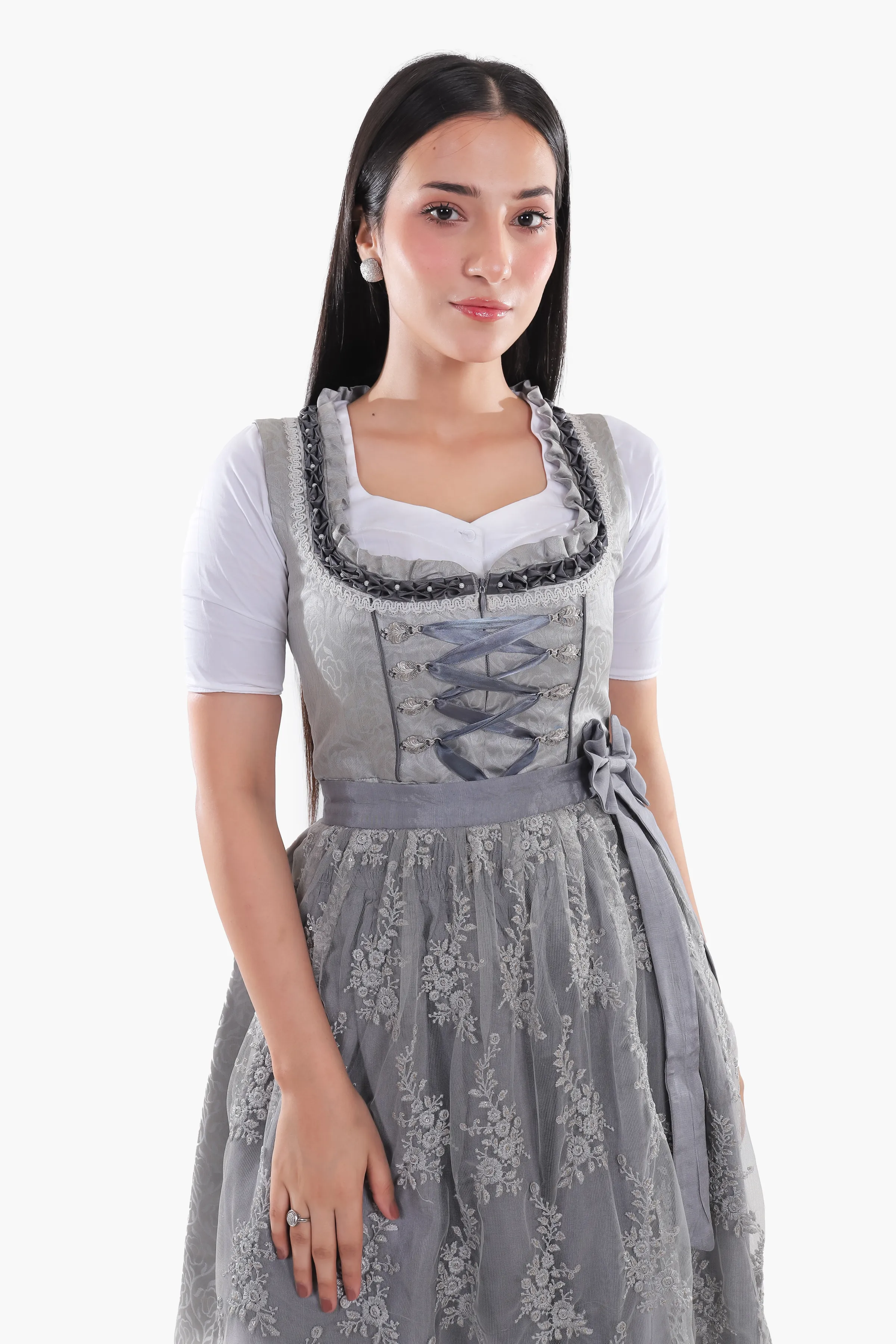 Midi Dirndl Dress Luxury Silver Grey Elegance - Image 5