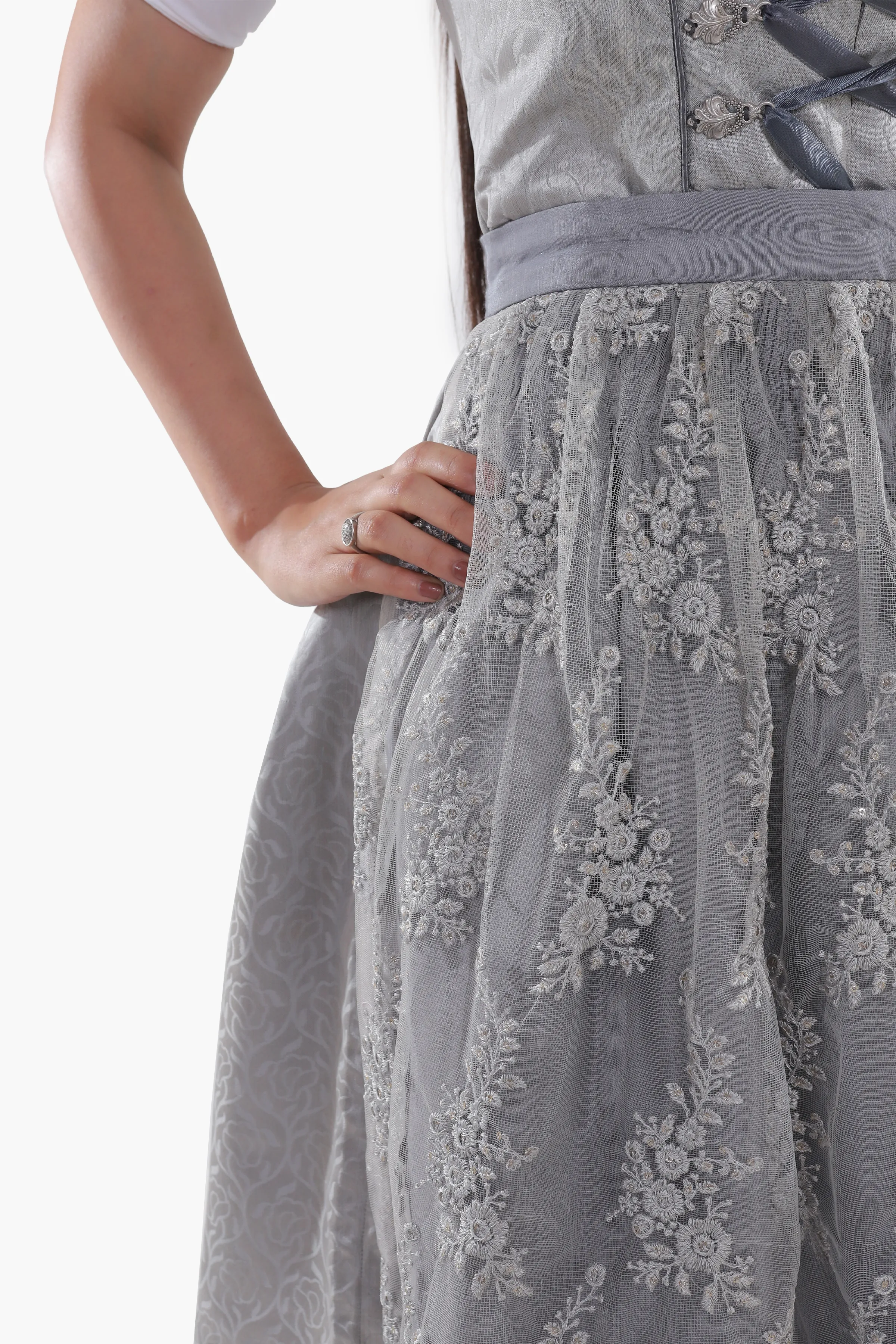 Midi Dirndl Dress Luxury Silver Grey Elegance - Image 7