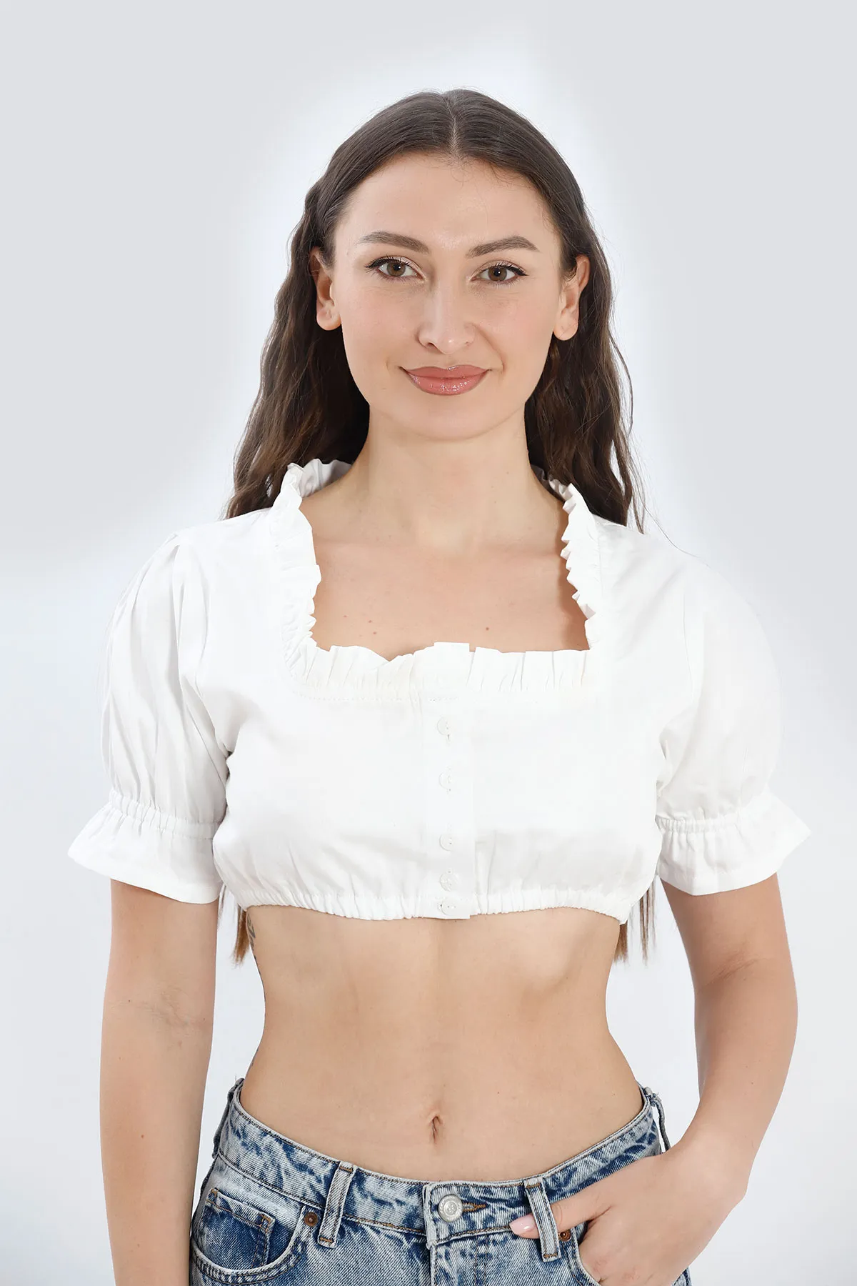 White Dirndl Blouse with Ruffled Collar
