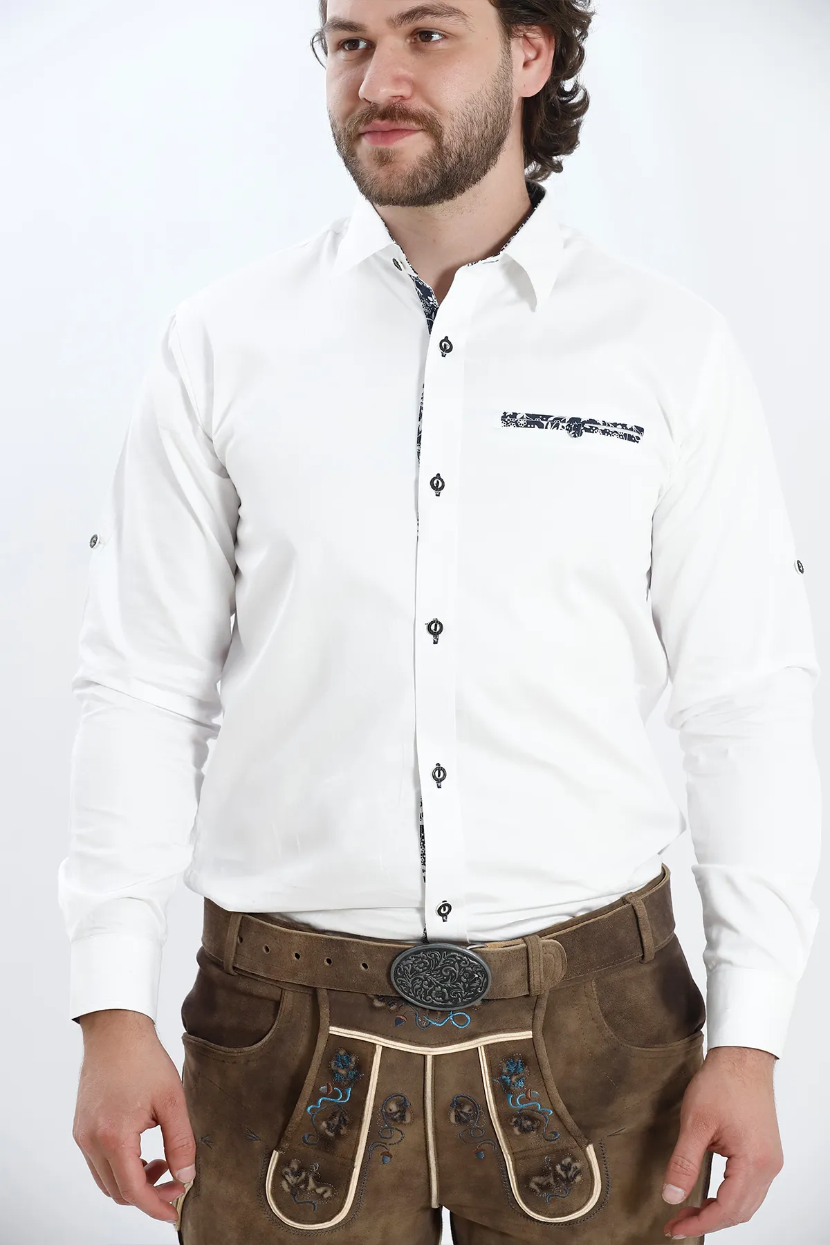 White Lederhosen Shirt with Contrasting Black Boundaries - Image 6