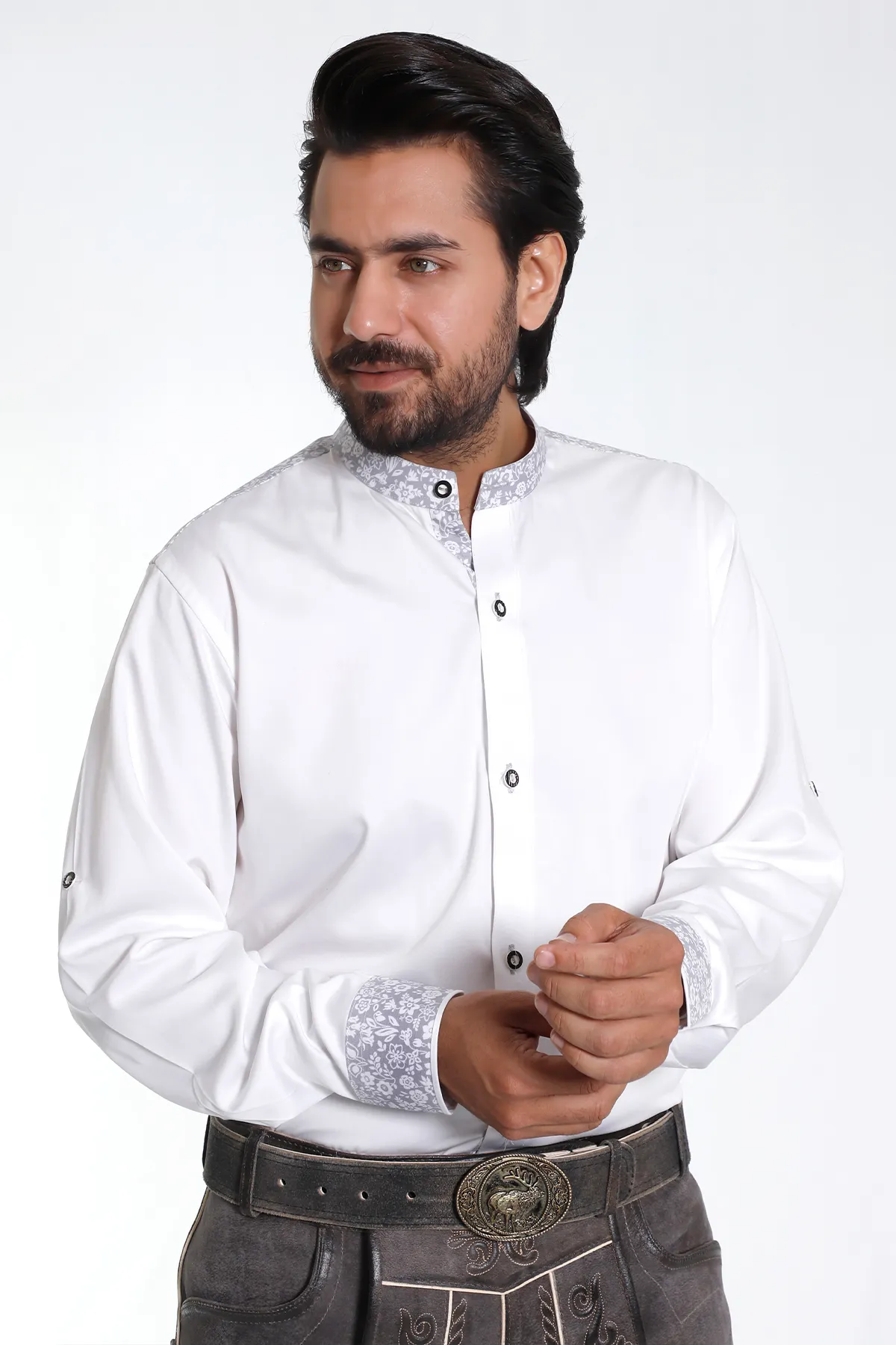 White Lederhosen Shirt with Floral Collar and Cuffs - Image 3